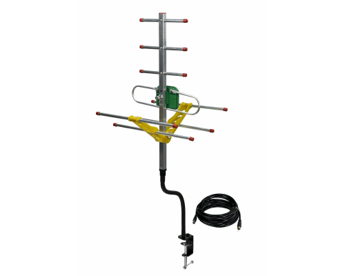 Антенна телевизионная для цифрового ТВ HDTV с усилителем сигнала, желтая, на струбцине и гибкой ножке GDS-38