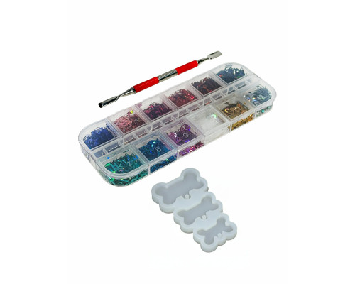 Молд для эпоксидной смолы, форма косточки 3 в 1, с набором букв из фольги, 12 цветов, и двусторонней лопаточкой