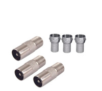 Комплект для подключения телевизионный: гнездо F (мама) - штекер TV (папа) - 3 шт. + F разъём (гайка) - 3 шт.