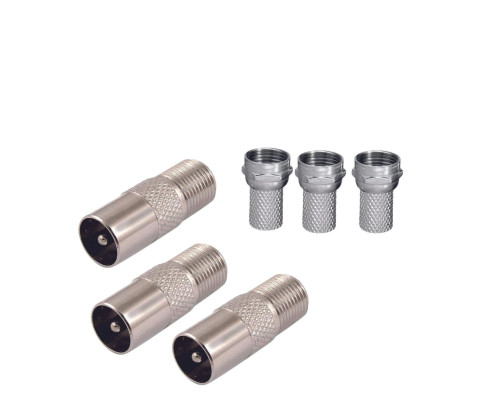 Комплект для подключения телевизионный: гнездо F (мама) - штекер TV (папа) - 3 шт. + F разъём (гайка) - 3 шт.