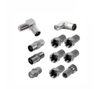 Комплект для подключения телевизионный: гнездо TV (мама), штекер TV (папа), F разъём (гайка), соединитель кабеля (бочка)