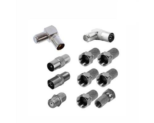 Комплект для подключения телевизионный: гнездо TV (мама), штекер TV (папа), F разъём (гайка), соединитель кабеля (бочка)