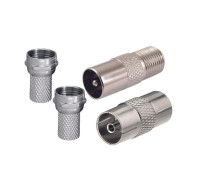 Комплект для подключения телевизионный: переходник гнездо TV (мама) - 1 шт., TV штекер (папа) - 1 шт. + F разъём (гайка) - 2 шт.