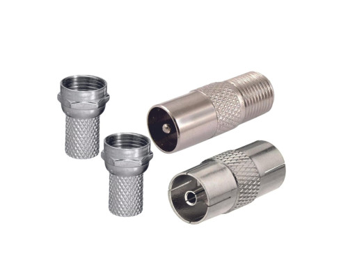 Комплект для подключения телевизионный: переходник гнездо TV (мама) - 1 шт., TV штекер (папа) - 1 шт. + F разъём (гайка) - 2 шт.