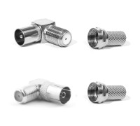 Комплект для подключения телевизионный: переходник гнездо TV (мама) - 1 шт., TV штекер (папа) - 1 шт., угловой + F разъём (гайка) - 2 шт.