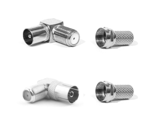 Комплект для подключения телевизионный: переходник гнездо TV (мама) - 1 шт., TV штекер (папа) - 1 шт., угловой + F разъём (гайка) - 2 шт.