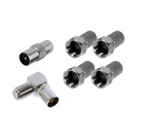 Комплект для подключения телевизионный: штекер TV (папа) - 1 шт., штекер TV (папа) угловой - 1 шт., F разъём (гайка) - 4 шт.