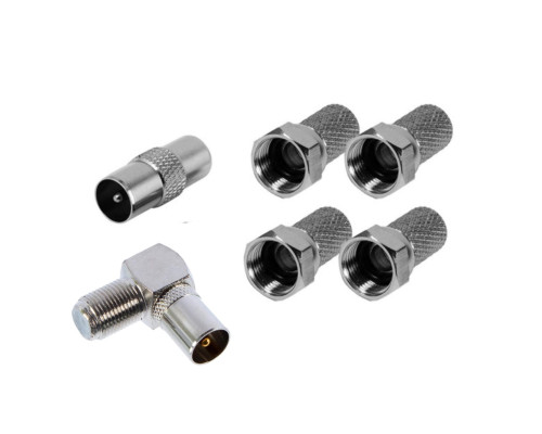 Комплект для подключения телевизионный: штекер TV (папа) - 1 шт., штекер TV (папа) угловой - 1 шт., F разъём (гайка) - 4 шт.