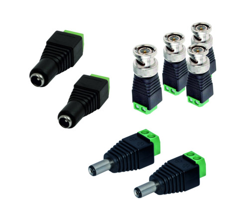 Комплект для подключения двух аналоговых камер: разъем BNC - 4 шт. / разъем питания DC штекер 2.1х5.5 мм. - 2 шт. / разъем питания DC гнездо 2.1x5.5 мм. - 2 шт.