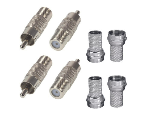 Комплект переходников: гнездо F (мама)- штекер RCA (папа) - 4 шт. + F-разъем (гайка) - 4 шт.