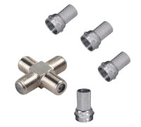 Комплект для разветвления антенного кабеля: разветвитель на 4 гнезда F - 1 шт. + F - коннектор (гайка) - 4 шт.