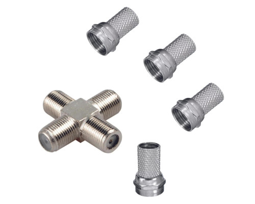 Комплект для разветвления антенного кабеля: разветвитель на 4 гнезда F - 1 шт. + F - коннектор (гайка) - 4 шт.