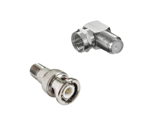 Комплект переходников: гнездо F (мама) - штекер BNC (папа) - 1 шт. + гнездо F (мама) - штекер F (папа) (угловой) - 1 шт.