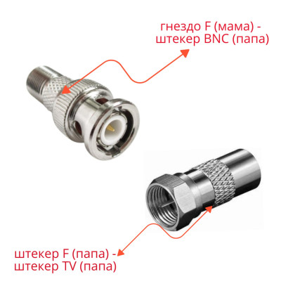 Комплект переходников: гнездо F - штекер BNC - 1 шт. + штекер TV - штекер F - 1 шт.