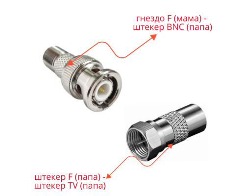 Комплект переходников: гнездо F - штекер BNC - 1 шт. + штекер TV - штекер F - 1 шт.