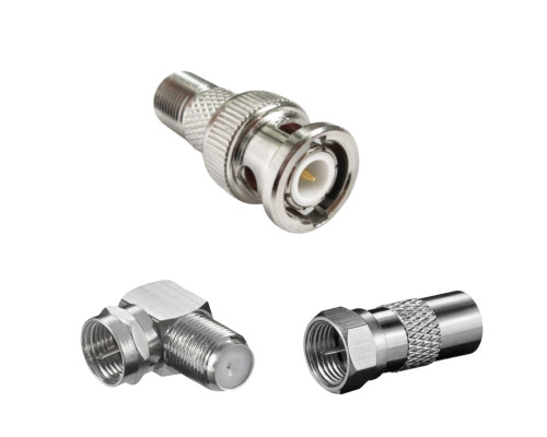 Комплект переходников: гнездо F - штекер BNC - 1 шт., гнездо F - штекер F (угловой) - 1 шт. + гнездо TV  - штекер F - 1 шт.