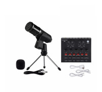 Звуковая карта микшер V8-B с черным микрофоном BM-800 на настольной треноге и держателем прищепкой в коробке