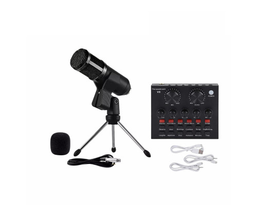 Звуковая карта микшер V8-B с черным микрофоном BM-800 на настольной треноге и держателем прищепкой в коробке
