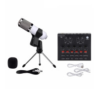 Звуковая карта микшер V8-W с белым микрофоном BM-800 на настольной треноге и держателем прищепкой в коробке