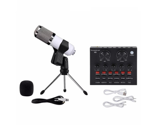Звуковая карта микшер V8-W с белым микрофоном BM-800 на настольной треноге и держателем прищепкой в коробке