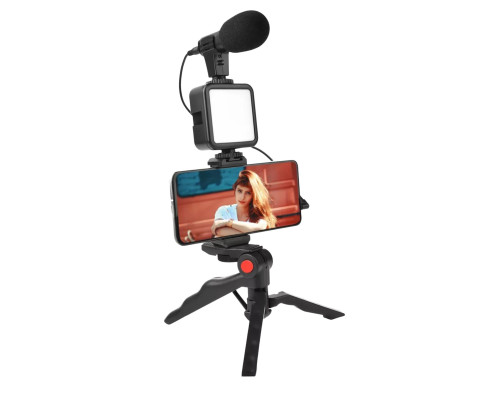 Микрофон пушка Kit-07LM для смартфона с настольным триподом, Led подсветкой, держателем для телефона и пультом Bluetooth