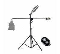 Напольная стойка штатив для кольцевой лампы JBH-G16-B для съемки сверху с крючком для противовеса, держателем телефона и кнопкой Bluetooth