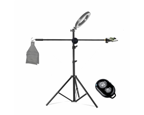 Напольная стойка штатив для кольцевой лампы JBH-G16-B для съемки сверху с крючком для противовеса, держателем телефона и кнопкой Bluetooth