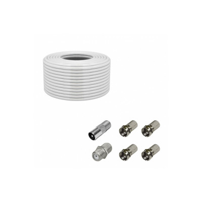 Коаксиальный кабель RG-6 20 м (75 Ом) с комплектом переходников: соединитель кабеля (бочка), F-коннектор (гайка) – 4 шт., штекер TV 