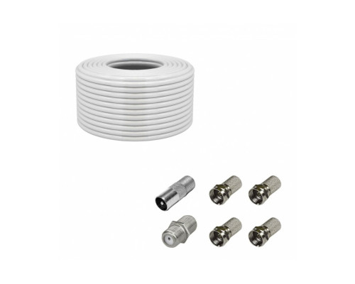 Коаксиальный кабель RG-6 10 м (75 Ом) с комплектом переходников: соединитель кабеля (бочка), F-коннектор (гайка) – 4 шт., штекер TV 