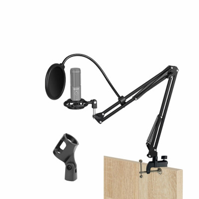 Усиленная настольная стойка пантограф ST2S-3621 с держателем микрофона паук P1 и поп-фильтром на струбцине для вертикального и горизонтального крепления