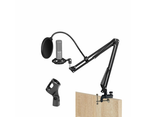 Усиленная настольная стойка пантограф ST2S-3621 с держателем микрофона паук P1 и поп-фильтром на струбцине для вертикального и горизонтального крепления