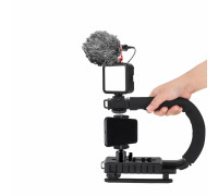 Ручной стабилизатор для камеры, ручка-держатель с зажимом для телефона, осветителем на батарейках и микрофоном пушкой