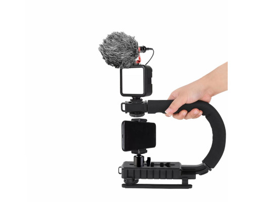 Ручной стабилизатор для камеры, ручка-держатель с зажимом для телефона, осветителем на батарейках и микрофоном пушкой