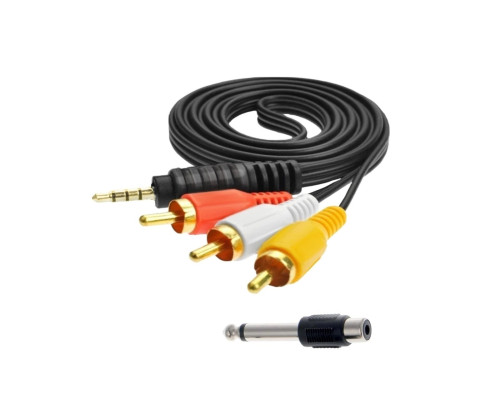 Кабель AUX Nocab mini Jack 3.5mm (m) - 3 RCA (m), 1,5 метра + штекер моно (2 pin) Jack 6.35 мм (папа)
