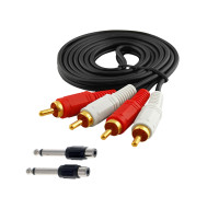 Кабель 2RCA (папа) -2RCA (папа) 1,5 м с 2 переходниками гнездо RCA (мама) - штекер моно (2 pin) jack 6.35 мм (папа)