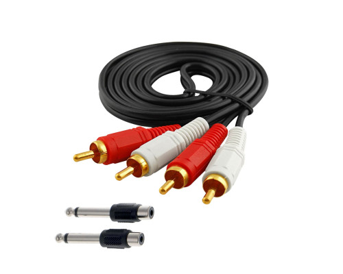 Кабель 2RCA (папа) -2RCA (папа) 1,5 м с 2 переходниками гнездо RCA (мама) - штекер моно (2 pin) jack 6.35 мм (папа)