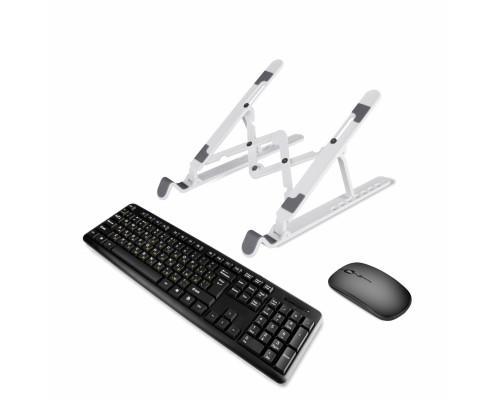 Комплект из настольной подставки под ноутбук или планшет с чёрной клавиатурой и беспроводной мышью