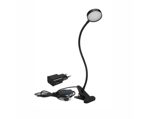 Гибкая настольная лампа SL-09bda на прищепке для горизонтального и вертикального крепления с адаптером питания, чёрная