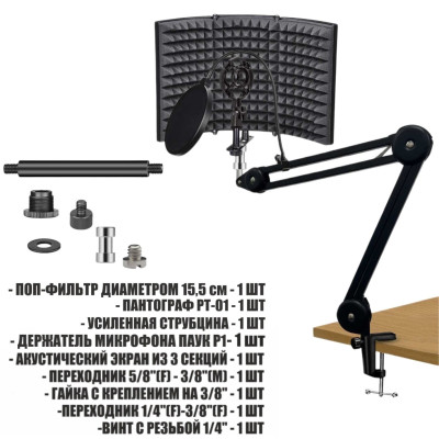 Акустический экран PTS-AKP1P с держателем микрофона паук P1 и поп фильтром 15,5 см на усиленной настольной стойке пантограф