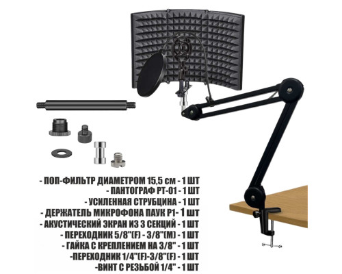 Акустический экран PTS-AKP1P с держателем микрофона паук P1 и поп фильтром 15,5 см на усиленной настольной стойке пантограф