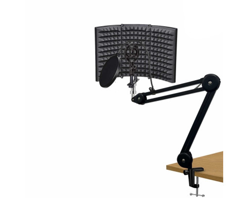 Акустический экран PTS-AKP1P с держателем микрофона паук P1 и поп фильтром 15,5 см на усиленной настольной стойке пантограф