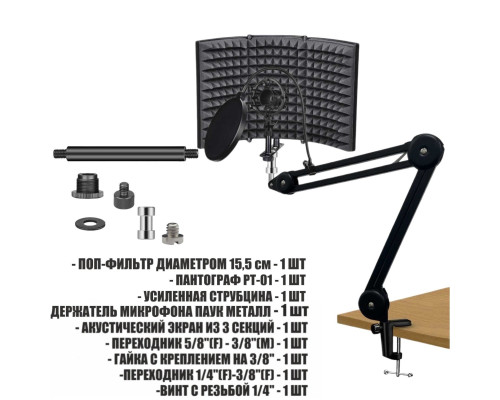 Акустический экран PTS-AKMPP с металлическим держателем микрофона паук и поп фильмом 15,5 см на усиленной настольной стойке пантограф