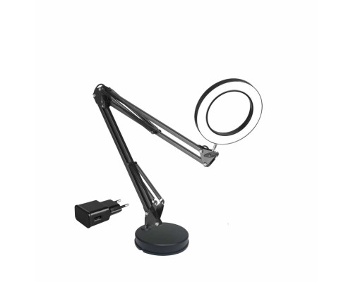Настольная лампа-лупа LN-22Ba на пантографе с основанием диаметром 18 см и с адаптером питания, черная