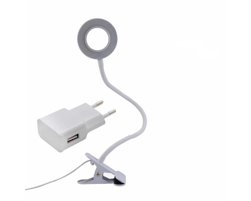 Гибкий светильник настольный RLW-9bda белый на прищепке, диаметр 9 см, с адаптером питания