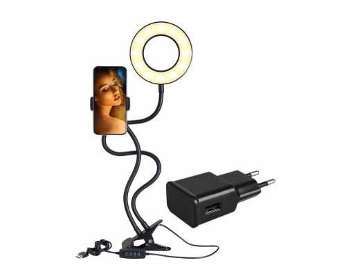 Кольцевая лампа RL9-a черная с гибким креплением для телефона на прищепке с адаптером питания