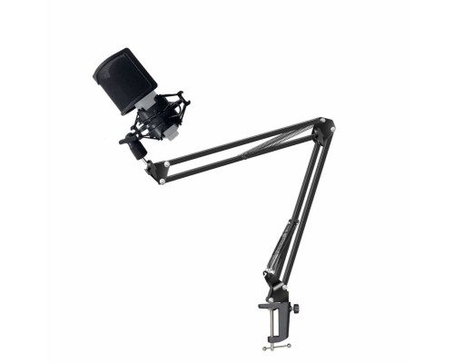 Усиленная микрофонная стойка настольная ST-VZP-MP с поп фильтром ветрозащитой и металлическим держателем паук для микрофона