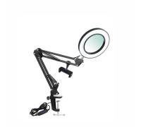 Лампа лупа настольная LN-22 с держателем телефона на зажиме на усиленной струбцине, черная