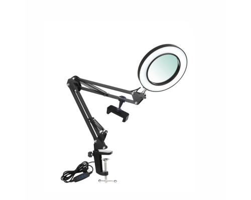 Лампа лупа настольная LN-22 с держателем телефона на зажиме на усиленной струбцине, черная