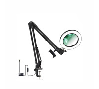 Лампа лупа настольная LN-33 с держателем телефона до 85 мм на зажиме на усиленной струбцине, черная