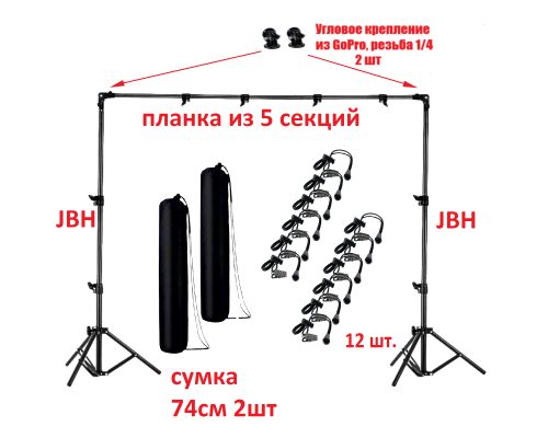 Переносной каркас 190х250 см для фотофона KF-250Z-M в комплекте с 12 боковыми зажимами и сумками для переноски